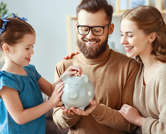 family with piggy bank